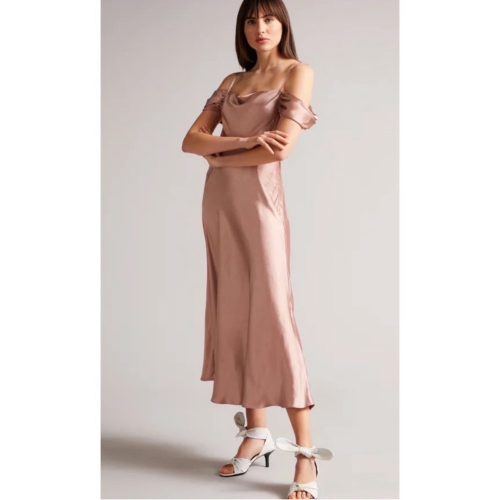 WORN ONCE TED BAKER ESTA COWL OFF SHOULDER MIDI SATIN DRESS SZ US 6 OR TED SZ 2
